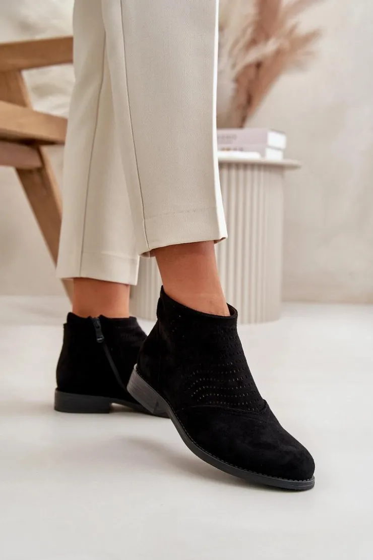 Clearance Damskie buty S.Barski Botki Damskie Na Płaskim Obcasie Ażurowe Czarne S.Barski HY42-076 Czarny