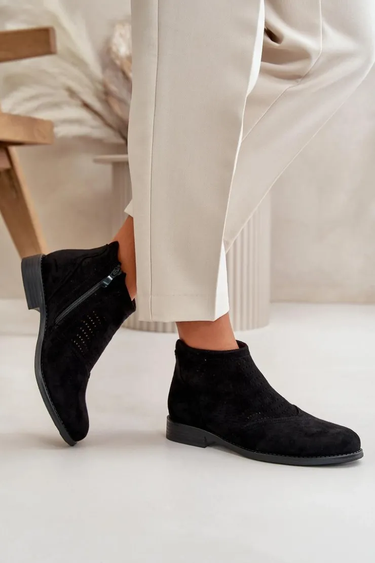 Clearance Damskie buty S.Barski Botki Damskie Na Płaskim Obcasie Ażurowe Czarne S.Barski HY42-076 Czarny