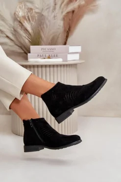 Clearance Damskie buty S.Barski Botki Damskie Na Płaskim Obcasie Ażurowe Czarne S.Barski HY42-076 Czarny