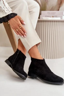 Clearance Damskie buty S.Barski Botki Damskie Na Płaskim Obcasie Ażurowe Czarne S.Barski HY42-076 Czarny