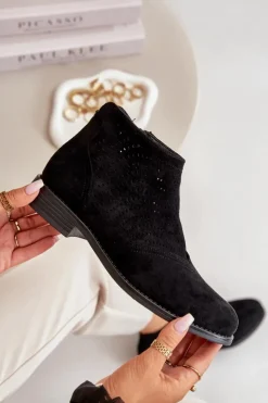 Clearance Damskie buty S.Barski Botki Damskie Na Płaskim Obcasie Ażurowe Czarne S.Barski HY42-076 Czarny