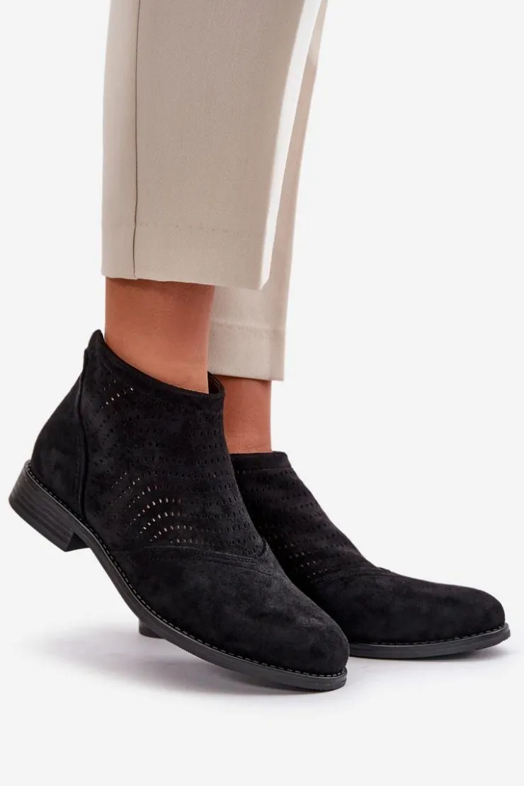 Clearance Damskie buty S.Barski Botki Damskie Na Płaskim Obcasie Ażurowe Czarne S.Barski HY42-076 Czarny