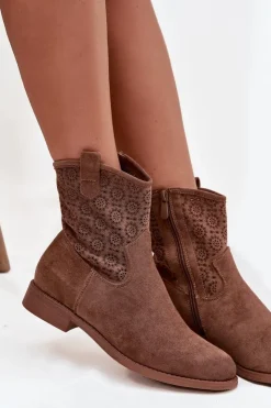 Damskie Damskie buty S.Barski Botki Damskie Na Płaskim Obcasie Z Ażurowym Wzorem S.Barski HY52-530 Brązowe