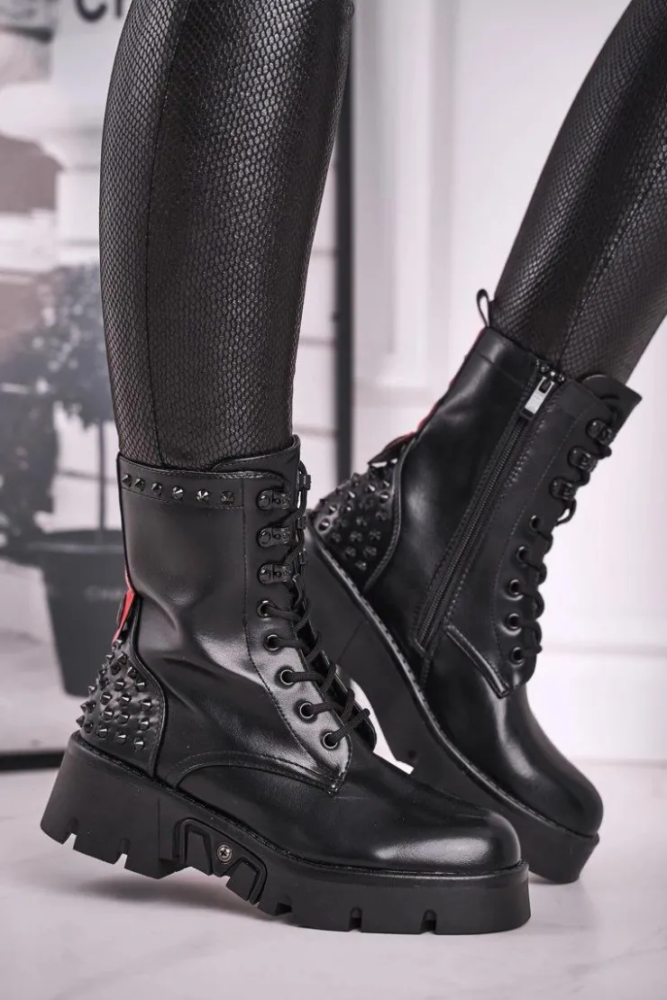 Boto Damskie Trapery|Botki Sznurowane*Botki Damskie Na Platformie Grunge Czarne Angels Rock