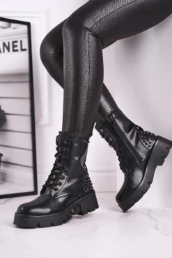 Boto Damskie Trapery|Botki Sznurowane*Botki Damskie Na Platformie Grunge Czarne Angels Rock