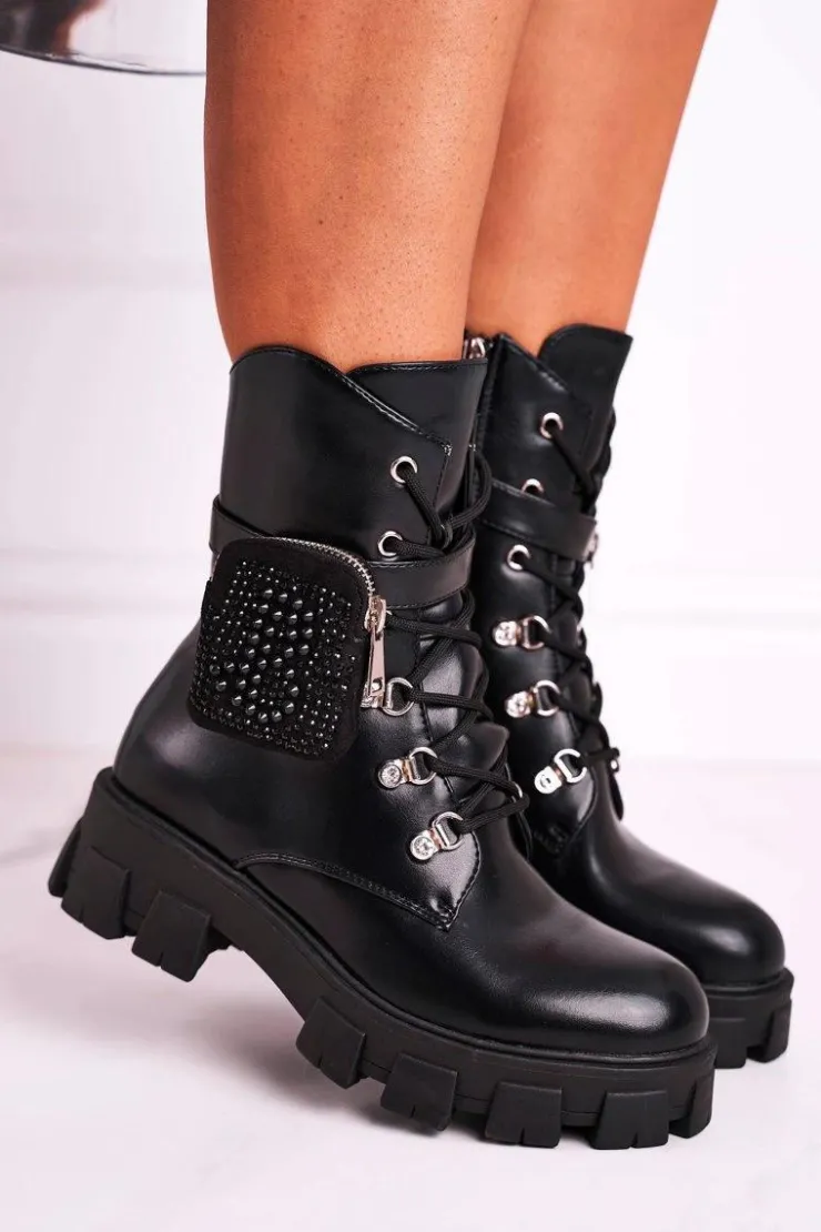 Sale Boto Botki Damskie Na Platformie Ocieplane Czarne Seul