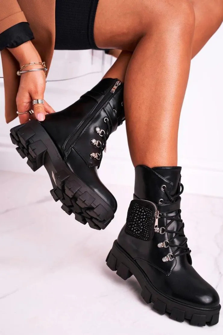 Sale Boto Botki Damskie Na Platformie Ocieplane Czarne Seul