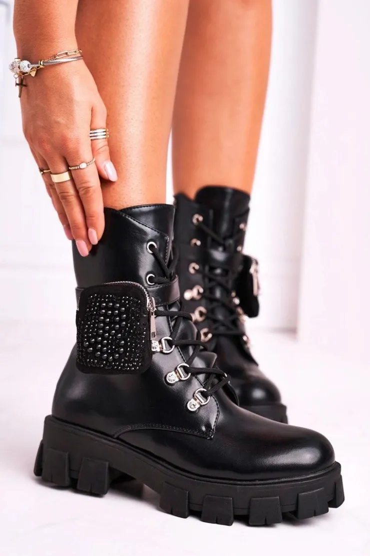 Sale Boto Botki Damskie Na Platformie Ocieplane Czarne Seul