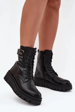 Damskie Boto Botki Damskie Na Platformie Z Ozdobnym Detalem Ocieplane Czarne Lyrana
