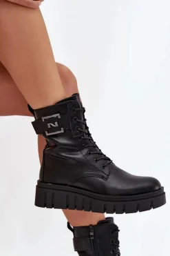 Damskie Boto Botki Damskie Na Platformie Z Ozdobnym Detalem Ocieplane Czarne Lyrana