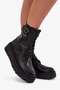 Damskie Boto Botki Damskie Na Platformie Z Ozdobnym Detalem Ocieplane Czarne Lyrana