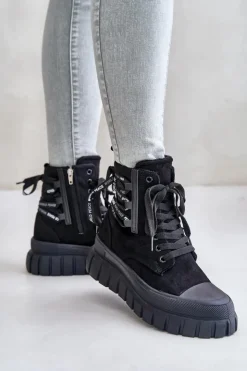 Evento Damskie Trapery|Botki Sznurowane*Botki Damskie Na Platformie Z Ozdobnym Sznurowaniem Czarne Edidda