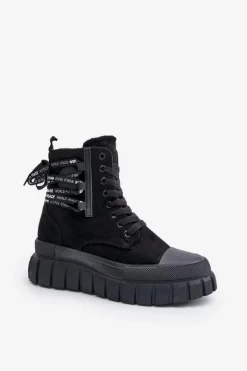 Evento Damskie Trapery|Botki Sznurowane*Botki Damskie Na Platformie Z Ozdobnym Sznurowaniem Czarne Edidda