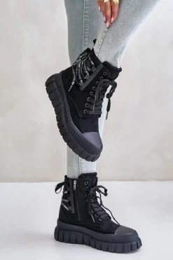 Evento Damskie Trapery|Botki Sznurowane*Botki Damskie Na Platformie Z Ozdobnym Sznurowaniem Czarne Edidda