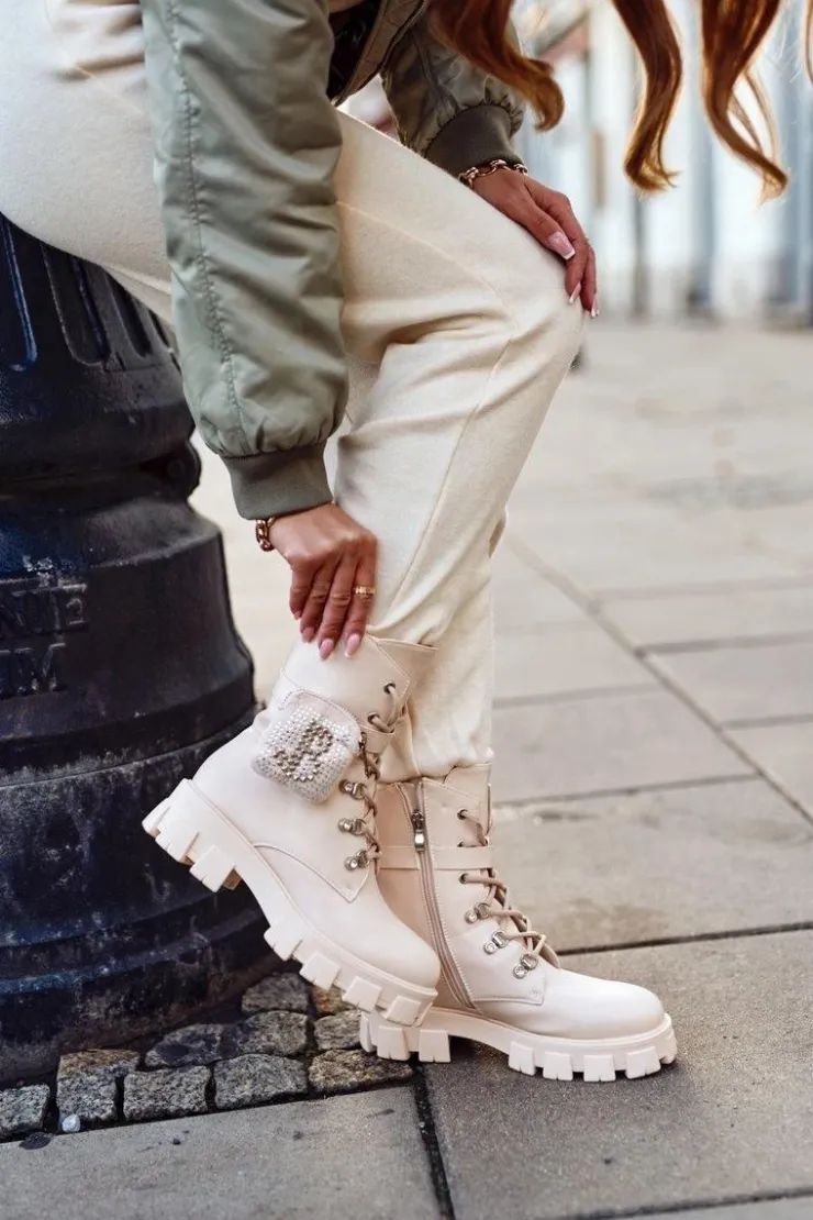 Damskie Boto Botki Damskie Na Platformie Ocieplane Beżowe Seul