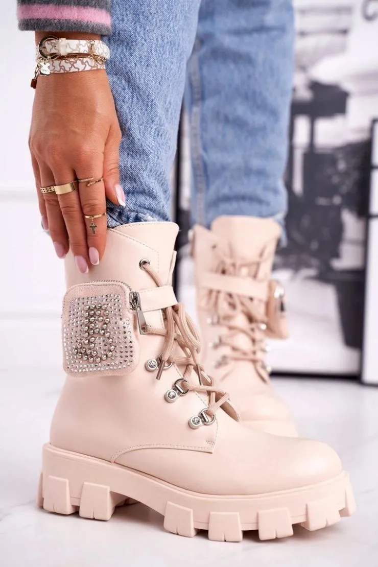 Damskie Boto Botki Damskie Na Platformie Ocieplane Beżowe Seul