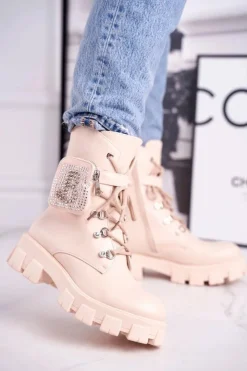 Damskie Boto Botki Damskie Na Platformie Ocieplane Beżowe Seul