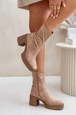 Damskie Damskie buty S.Barski Botki Damskie Na Platformie I Masywnym Obcasie S.Barski HY42-739 Beżowe