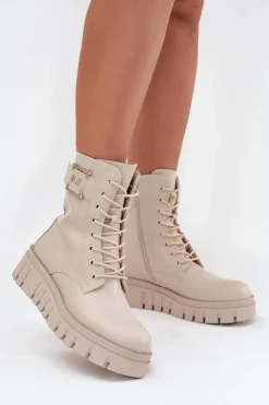 New Boto Botki Damskie Na Platformie Z Ozdobnym Detalem Ocieplane Jasnobeżowe Lyrana Beżowy