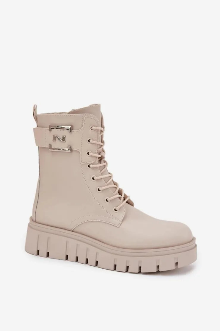 New Boto Botki Damskie Na Platformie Z Ozdobnym Detalem Ocieplane Jasnobeżowe Lyrana Beżowy