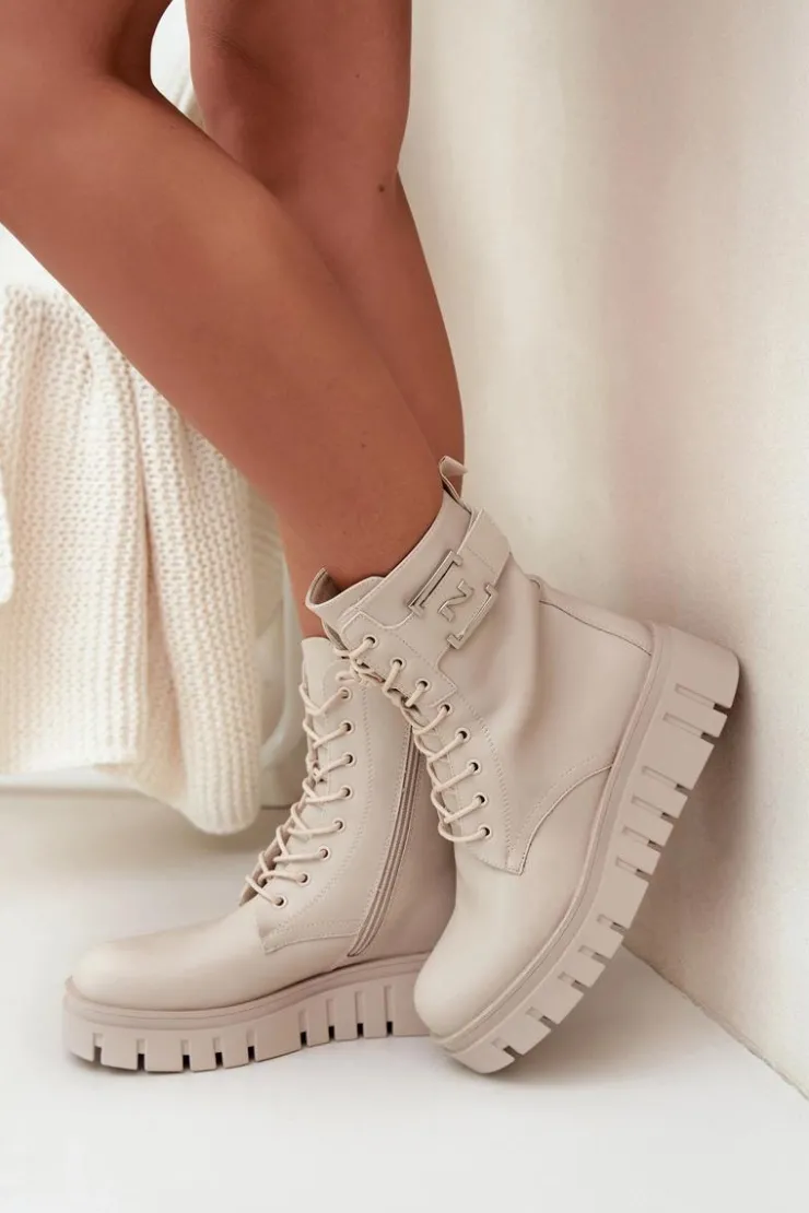 New Boto Botki Damskie Na Platformie Z Ozdobnym Detalem Ocieplane Jasnobeżowe Lyrana Beżowy