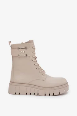 New Boto Botki Damskie Na Platformie Z Ozdobnym Detalem Ocieplane Jasnobeżowe Lyrana Beżowy