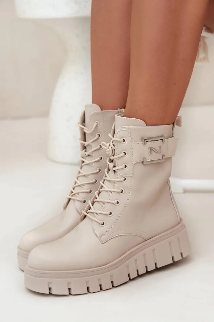 New Boto Botki Damskie Na Platformie Z Ozdobnym Detalem Ocieplane Jasnobeżowe Lyrana Beżowy