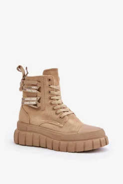 Damskie Evento Botki Damskie Na Platformie Z Ozdobnym Sznurowaniem Brązowe Edidda