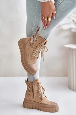 Damskie Evento Botki Damskie Na Platformie Z Ozdobnym Sznurowaniem Brązowe Edidda