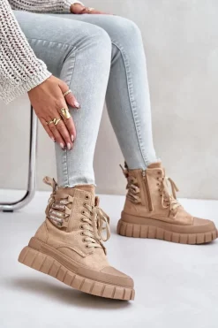 Damskie Evento Botki Damskie Na Platformie Z Ozdobnym Sznurowaniem Brązowe Edidda