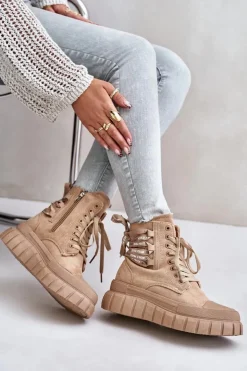 Damskie Evento Botki Damskie Na Platformie Z Ozdobnym Sznurowaniem Brązowe Edidda