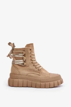 Damskie Evento Botki Damskie Na Platformie Z Ozdobnym Sznurowaniem Brązowe Edidda