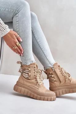 Damskie Evento Botki Damskie Na Platformie Z Ozdobnym Sznurowaniem Brązowe Edidda