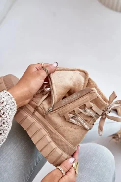 Damskie Evento Botki Damskie Na Platformie Z Ozdobnym Sznurowaniem Brązowe Edidda