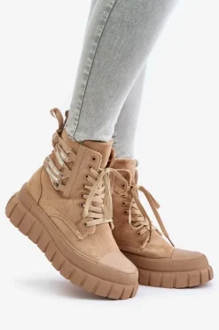 Damskie Evento Botki Damskie Na Platformie Z Ozdobnym Sznurowaniem Brązowe Edidda