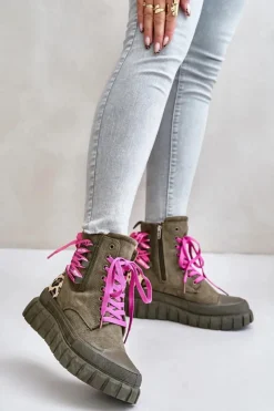 New Evento Botki Damskie Na Platformie Z Ozdobnym Sznurowaniem Panterka Zielone Edidda Zielony