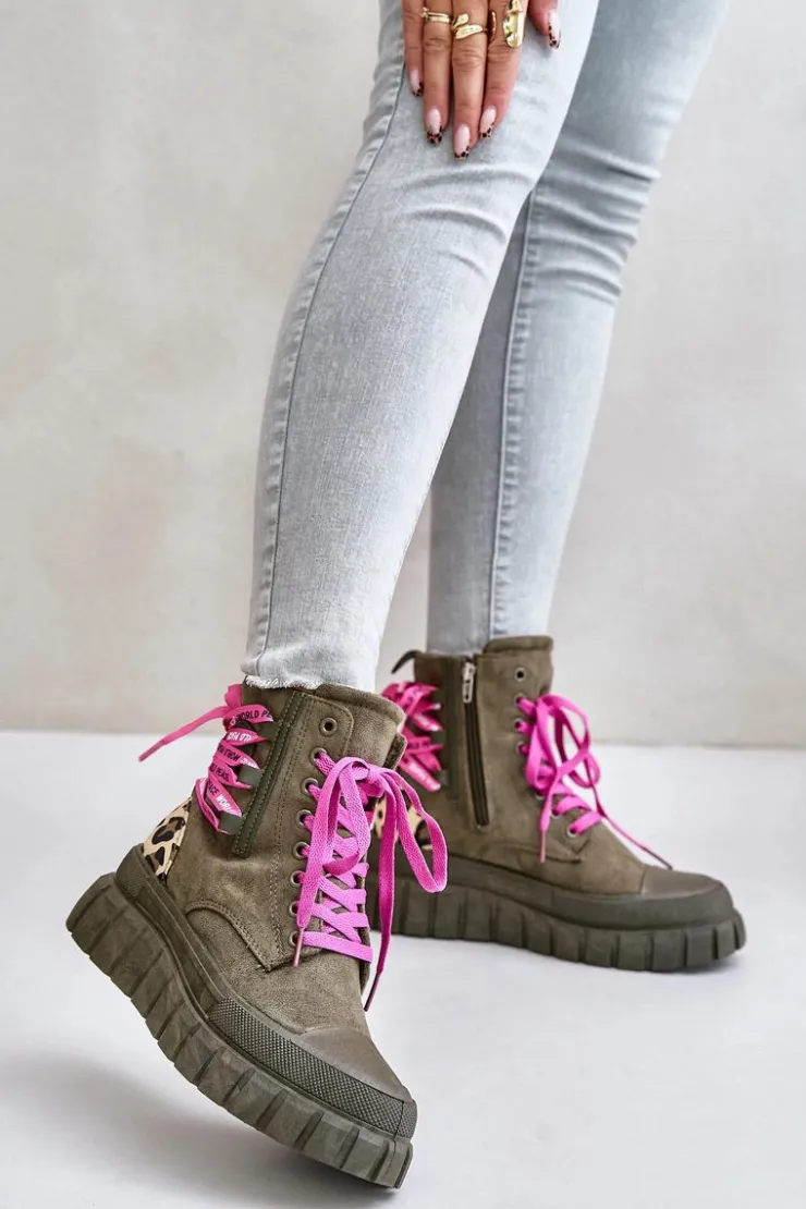 New Evento Botki Damskie Na Platformie Z Ozdobnym Sznurowaniem Panterka Zielone Edidda Zielony