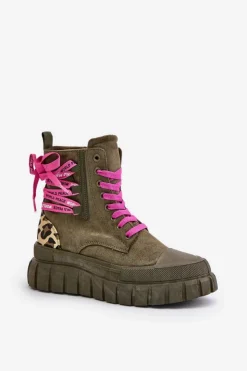 New Evento Botki Damskie Na Platformie Z Ozdobnym Sznurowaniem Panterka Zielone Edidda Zielony