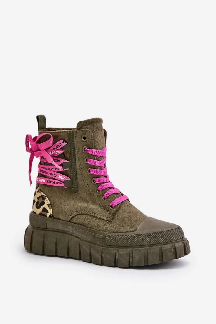 New Evento Botki Damskie Na Platformie Z Ozdobnym Sznurowaniem Panterka Zielone Edidda Zielony