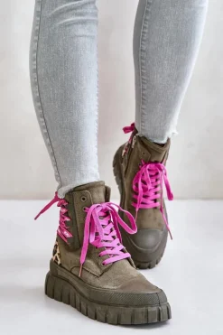 New Evento Botki Damskie Na Platformie Z Ozdobnym Sznurowaniem Panterka Zielone Edidda Zielony