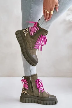 New Evento Botki Damskie Na Platformie Z Ozdobnym Sznurowaniem Panterka Zielone Edidda Zielony