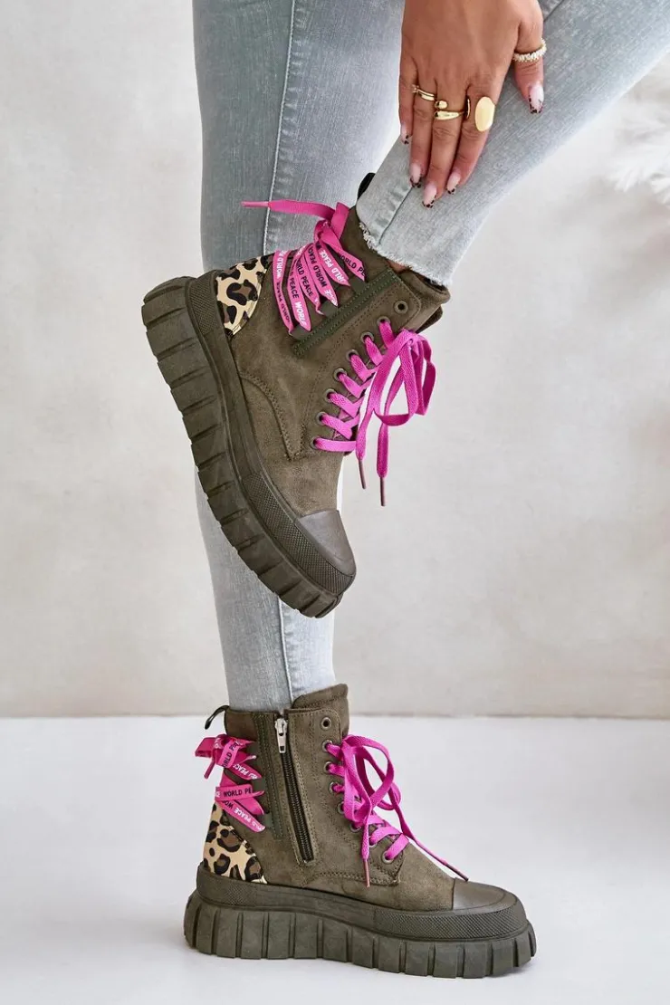 New Evento Botki Damskie Na Platformie Z Ozdobnym Sznurowaniem Panterka Zielone Edidda Zielony