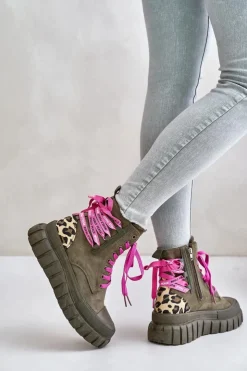 New Evento Botki Damskie Na Platformie Z Ozdobnym Sznurowaniem Panterka Zielone Edidda Zielony