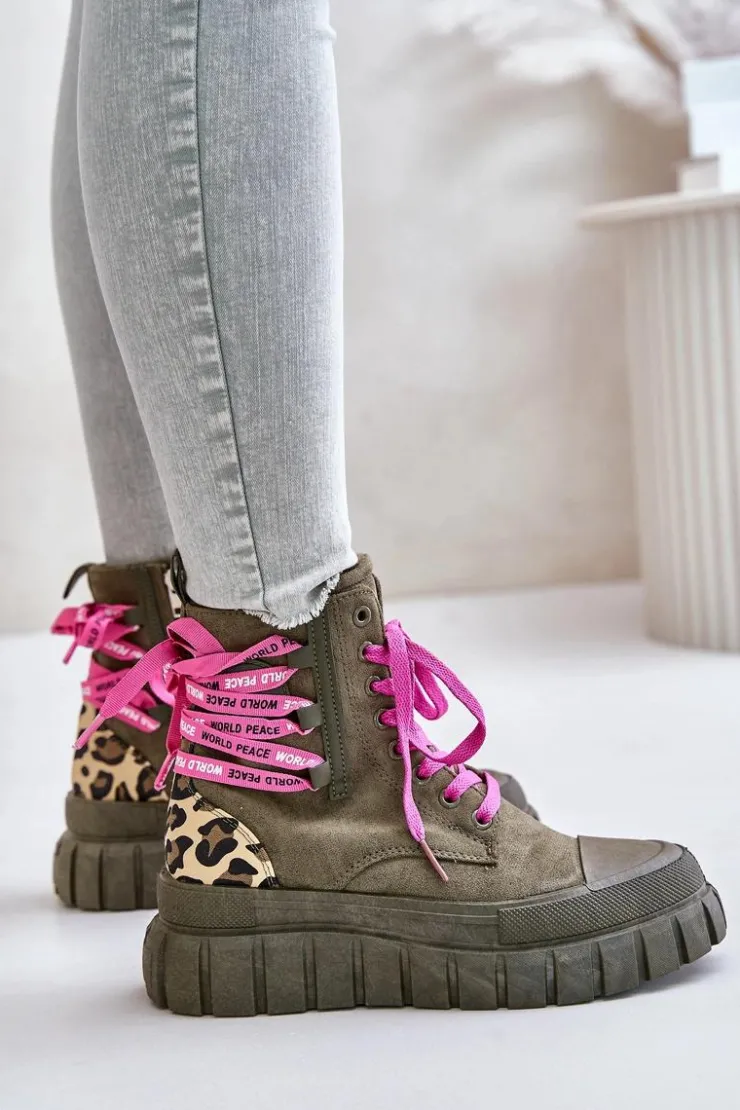 New Evento Botki Damskie Na Platformie Z Ozdobnym Sznurowaniem Panterka Zielone Edidda Zielony