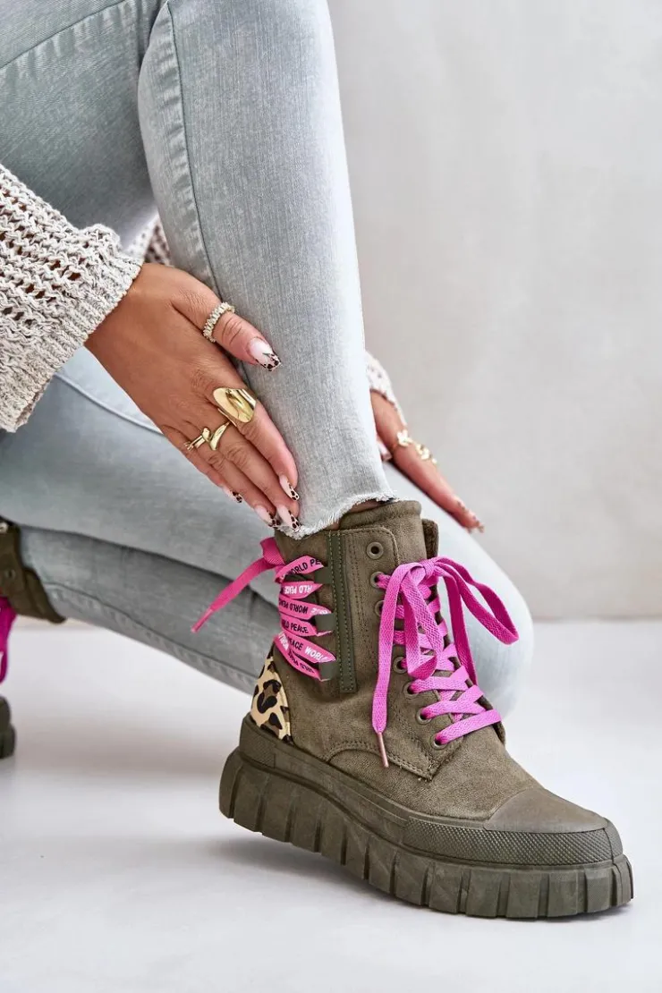 New Evento Botki Damskie Na Platformie Z Ozdobnym Sznurowaniem Panterka Zielone Edidda Zielony