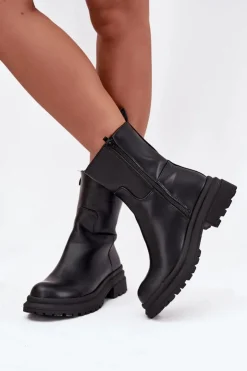 Outlet Boto Botki Damskie Na Platformie I Płaskim Obcasie Czarne Levira Czarny