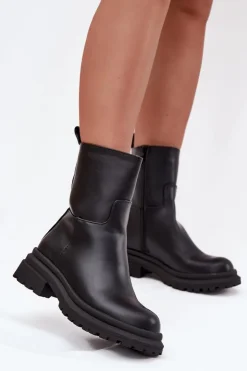 Outlet Boto Botki Damskie Na Platformie I Płaskim Obcasie Czarne Levira Czarny