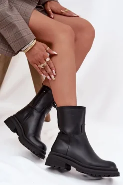 Outlet Boto Botki Damskie Na Platformie I Płaskim Obcasie Czarne Levira Czarny