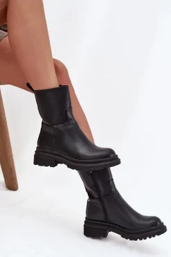 Outlet Boto Botki Damskie Na Platformie I Płaskim Obcasie Czarne Levira Czarny