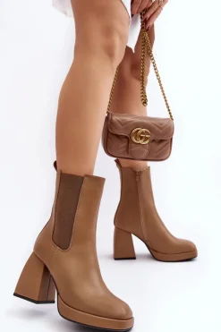 Damskie Boto Botki Damskie Na Platformie I Obcasie Brązowe Stelares